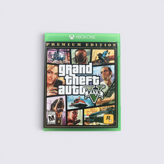 MrPixel Grand Theft Auto V Premium Edition game case for Xbox One featuring character art and iconic game imagery.