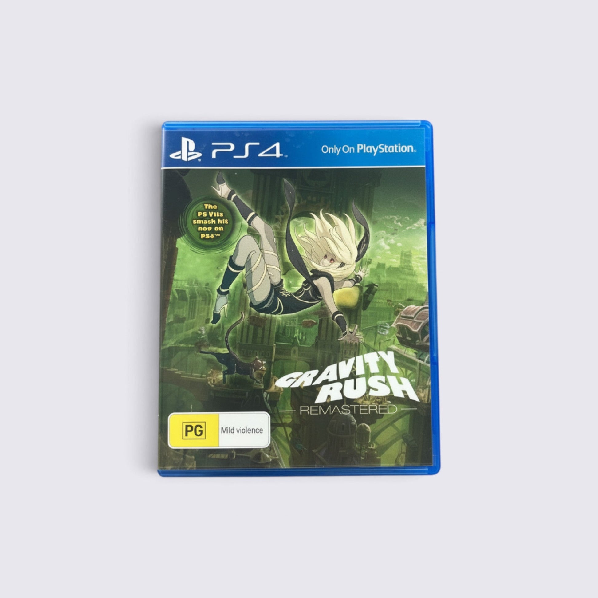 MrPixel Gravity Rush Remastered PS4 game case featuring Kat floating above a surreal city with her cat Dusty