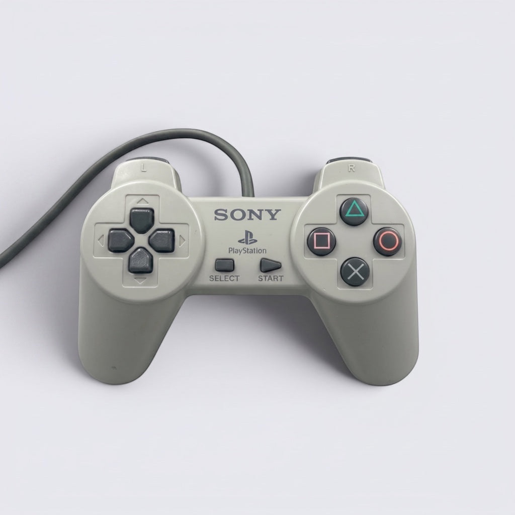 MrPixel original grey PlayStation 1 wired controller with iconic directional pad and face buttons