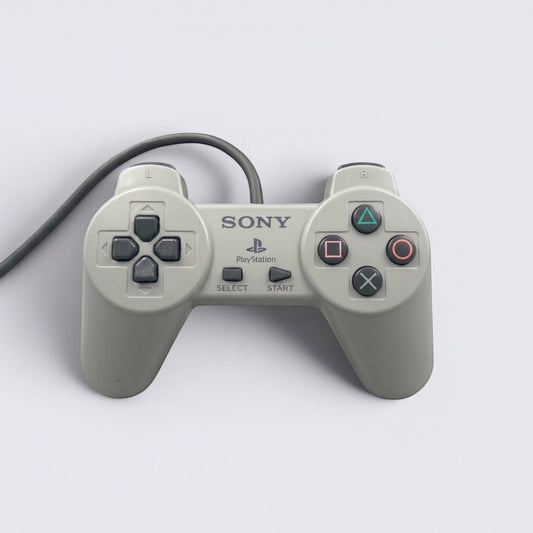 MrPixel original grey PlayStation 1 wired controller with iconic directional pad and face buttons