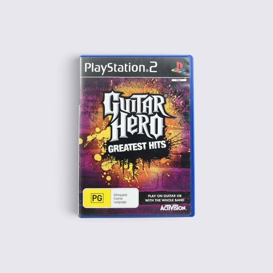 MrPixel Guitar Hero: Greatest Hits PlayStation 2 game case featuring vibrant yellow and purple paint splatter art.