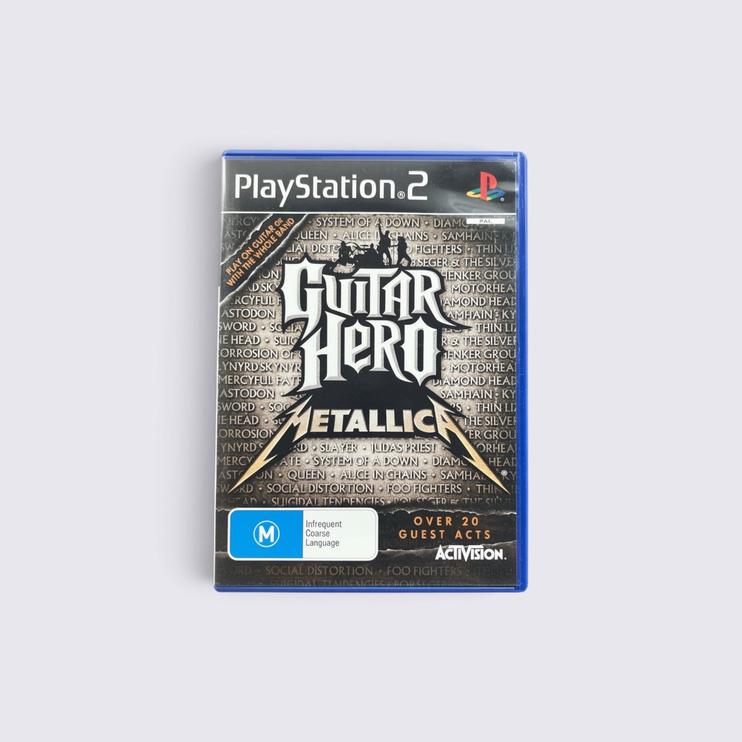 MrPixel Guitar Hero: Metallica game case for PlayStation 2 featuring band logos and M rating on a grey background.