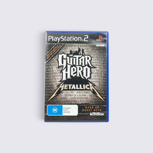 MrPixel Guitar Hero: Metallica game case for PlayStation 2 featuring band logos and M rating on a grey background.