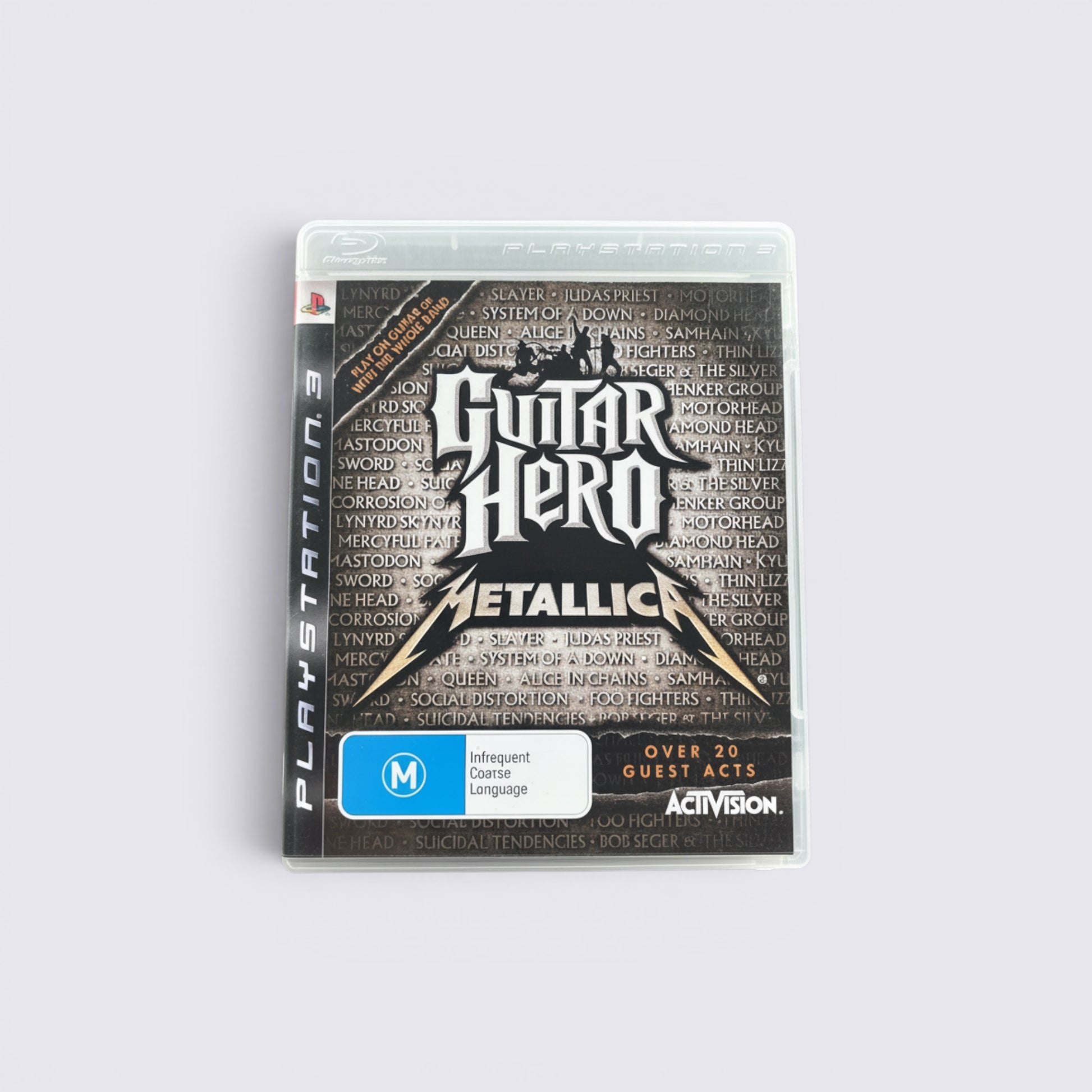 MrPixel Guitar Hero: Metallica PlayStation 3 game case featuring iconic band logo and guest artist list on cover.