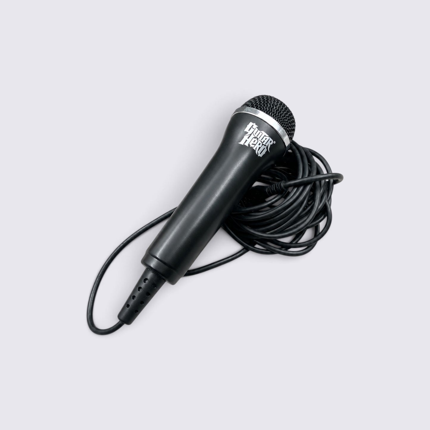 MrPixel Guitar Hero and Rock Band wired USB microphone in black with a long coiled cable for rhythm gaming consoles.