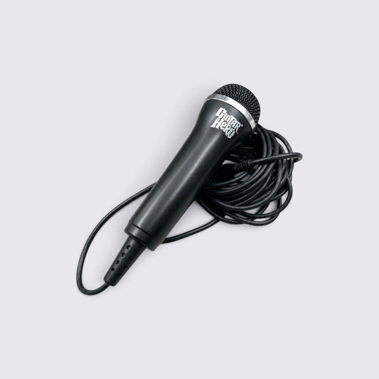 MrPixel Guitar Hero and Rock Band wired USB microphone in black with a long coiled cable for rhythm gaming consoles.