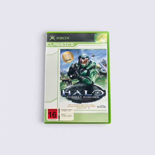 MrPixel Halo Combat Evolved Classics Xbox game case featuring Master Chief in green armor on a ringworld landscape