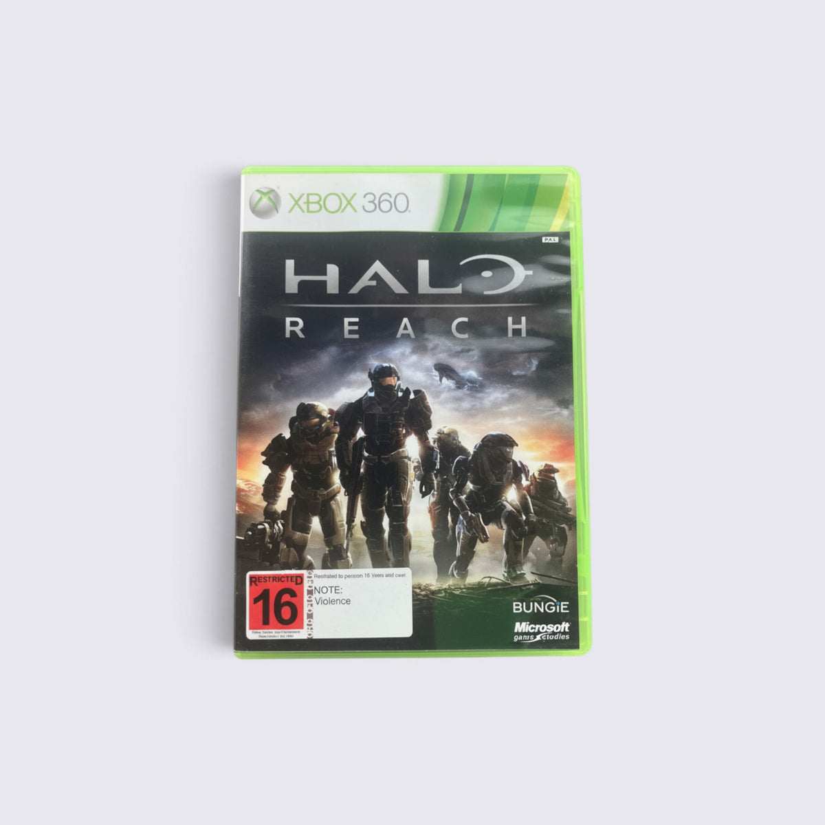 MrPixel Halo: Reach Xbox 360 game case featuring Noble Team Spartans against a dramatic planetary war backdrop.
