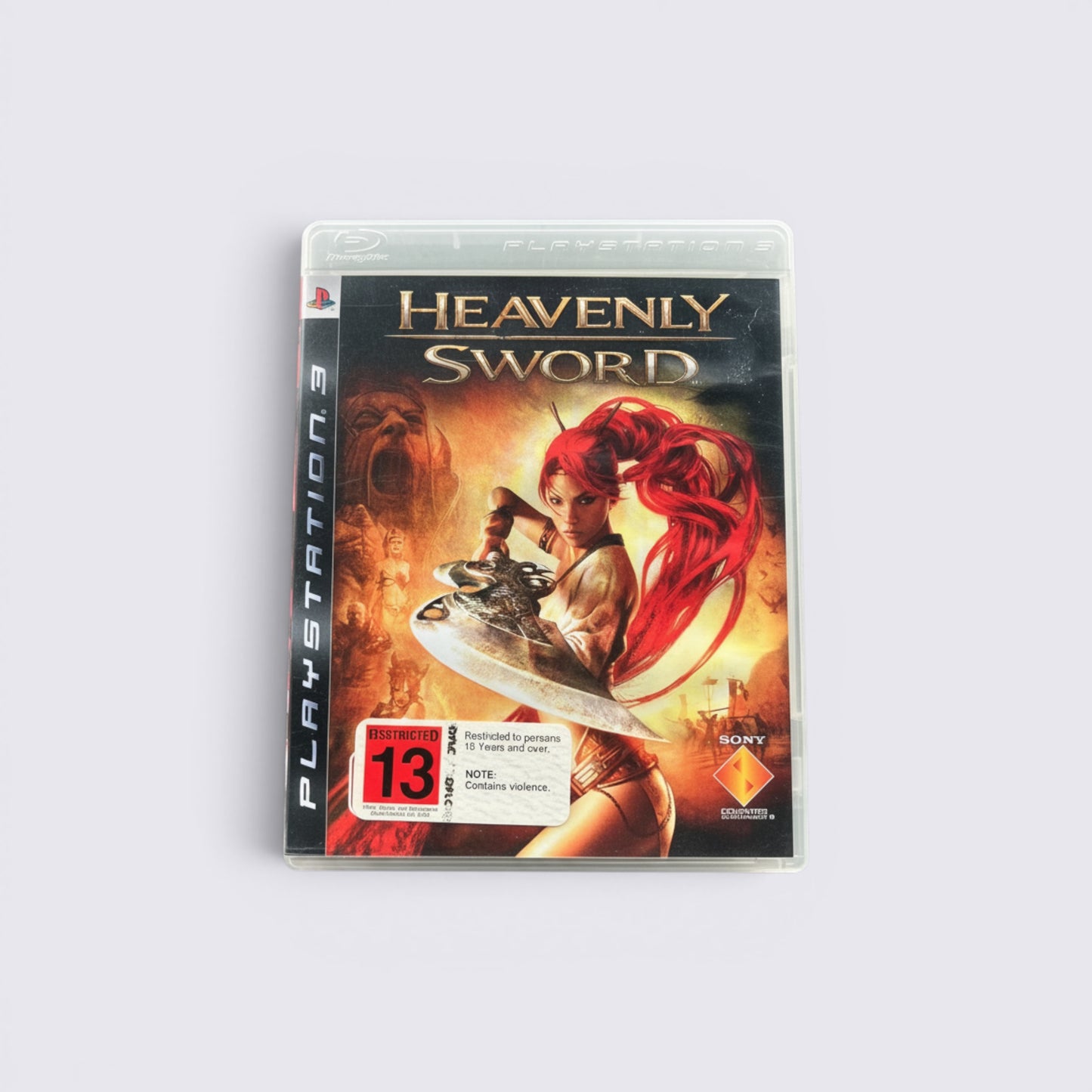 MrPixel Heavenly Sword PlayStation 3 game case featuring Nariko with her red hair and blade against a fiery background