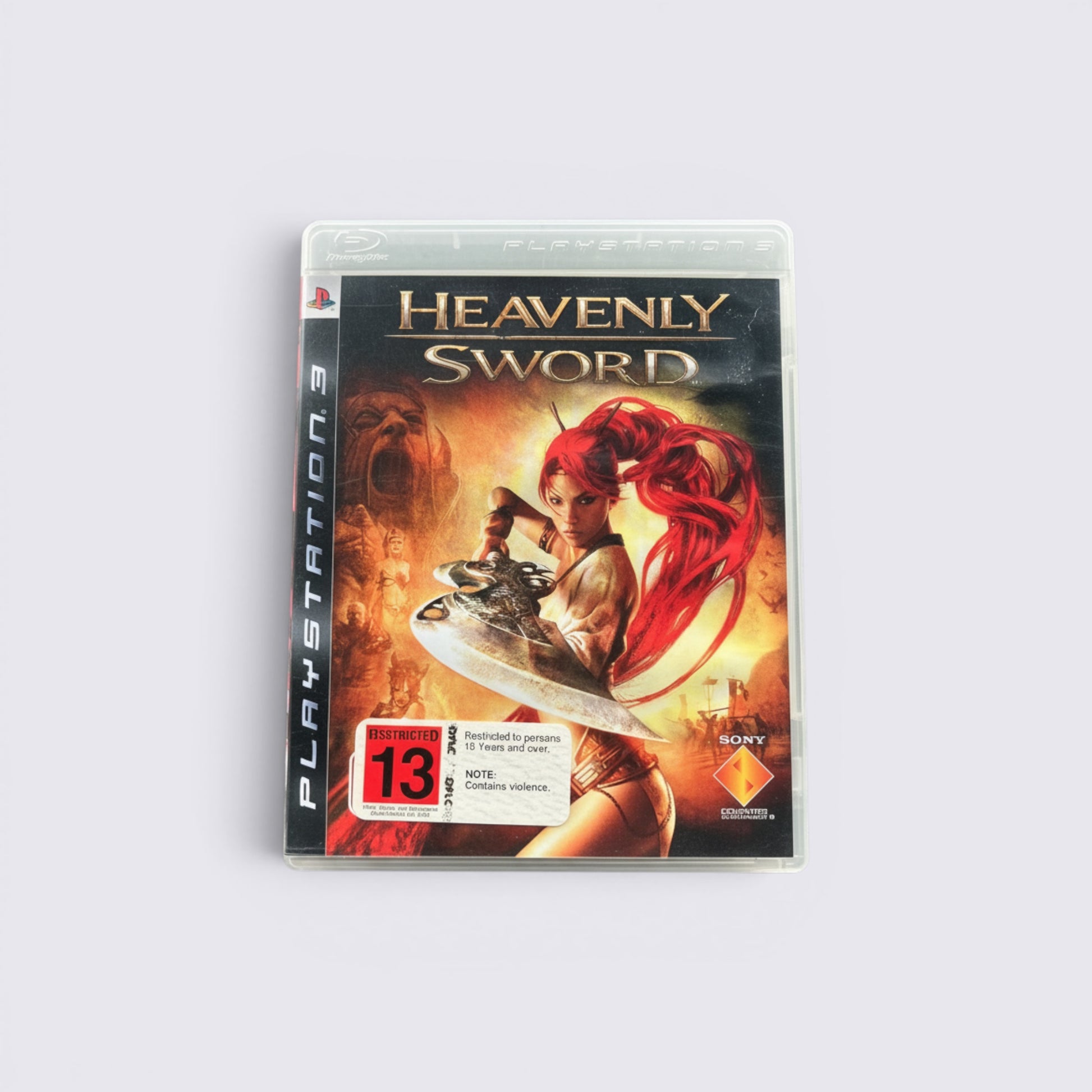 MrPixel Heavenly Sword PlayStation 3 game case featuring Nariko with her red hair and blade against a fiery background