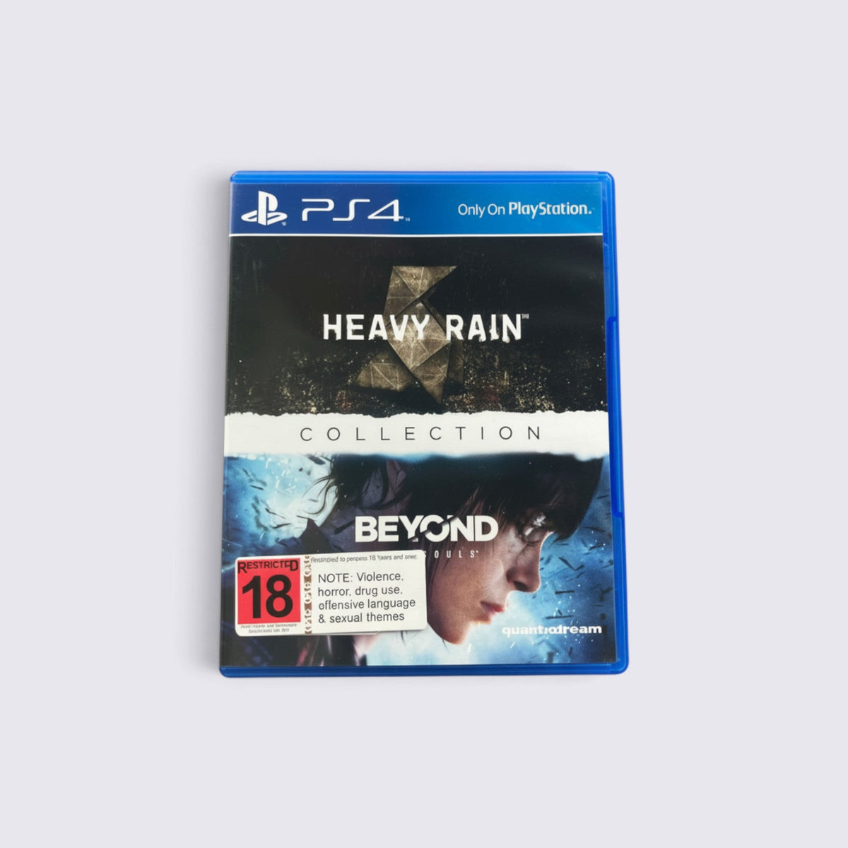 MrPixel Heavy Rain and BEYOND: Two Souls Collection game case for PlayStation 4 featuring cinematic cover art.