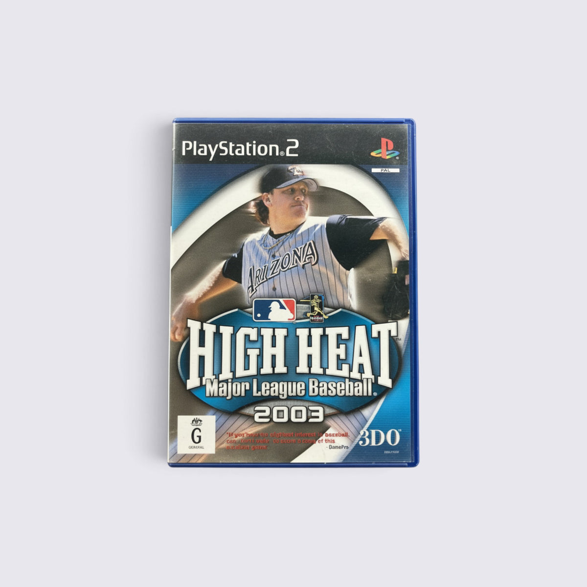 MrPixel High Heat Major League Baseball 2003 game case for PlayStation 2 featuring a baseball player on the cover.