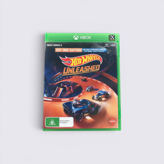 MrPixel Hot Wheels Unleashed Day One Edition Xbox Series X game case featuring miniature racing cars on orange tracks