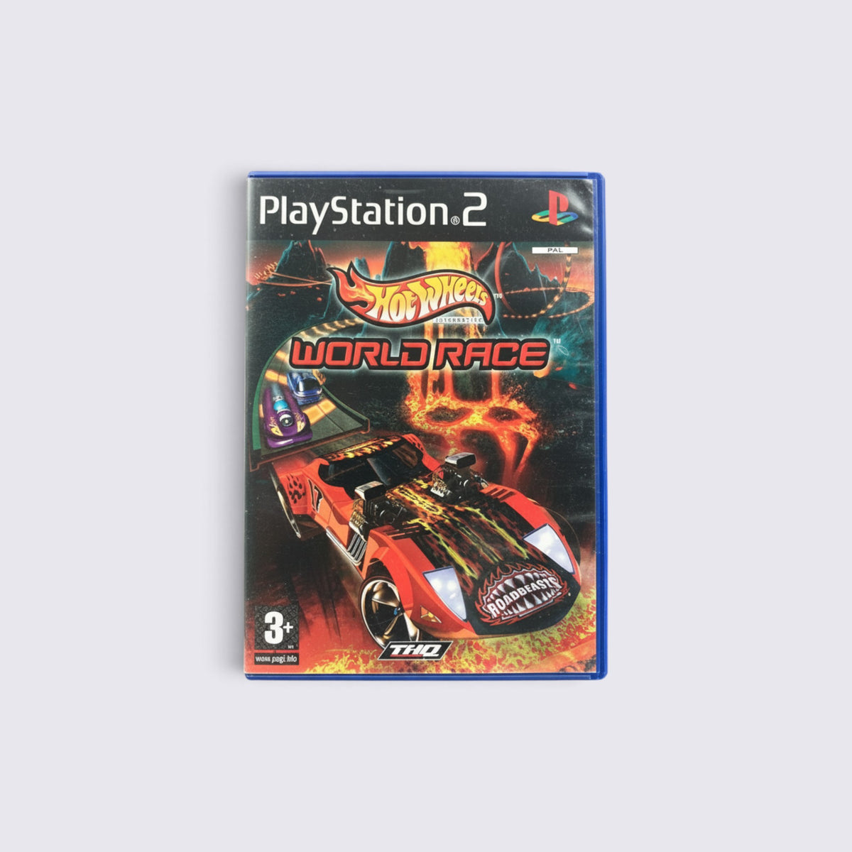 MrPixel Hot Wheels World Race PlayStation 2 game case featuring a red race car on a volcanic track