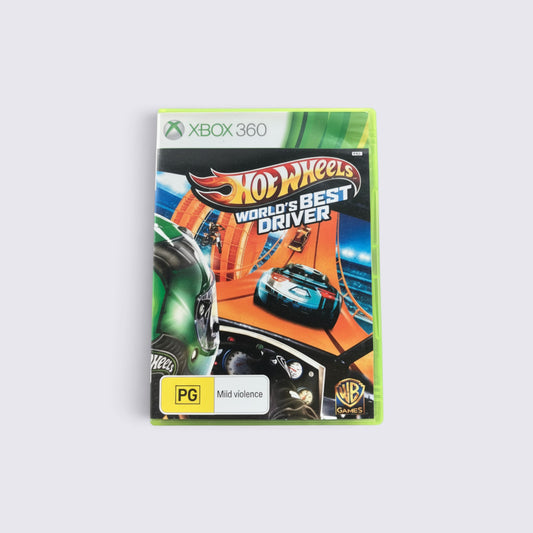 MrPixel Hot Wheels World's Best Driver Xbox 360 game case featuring orange racing tracks and toy cars