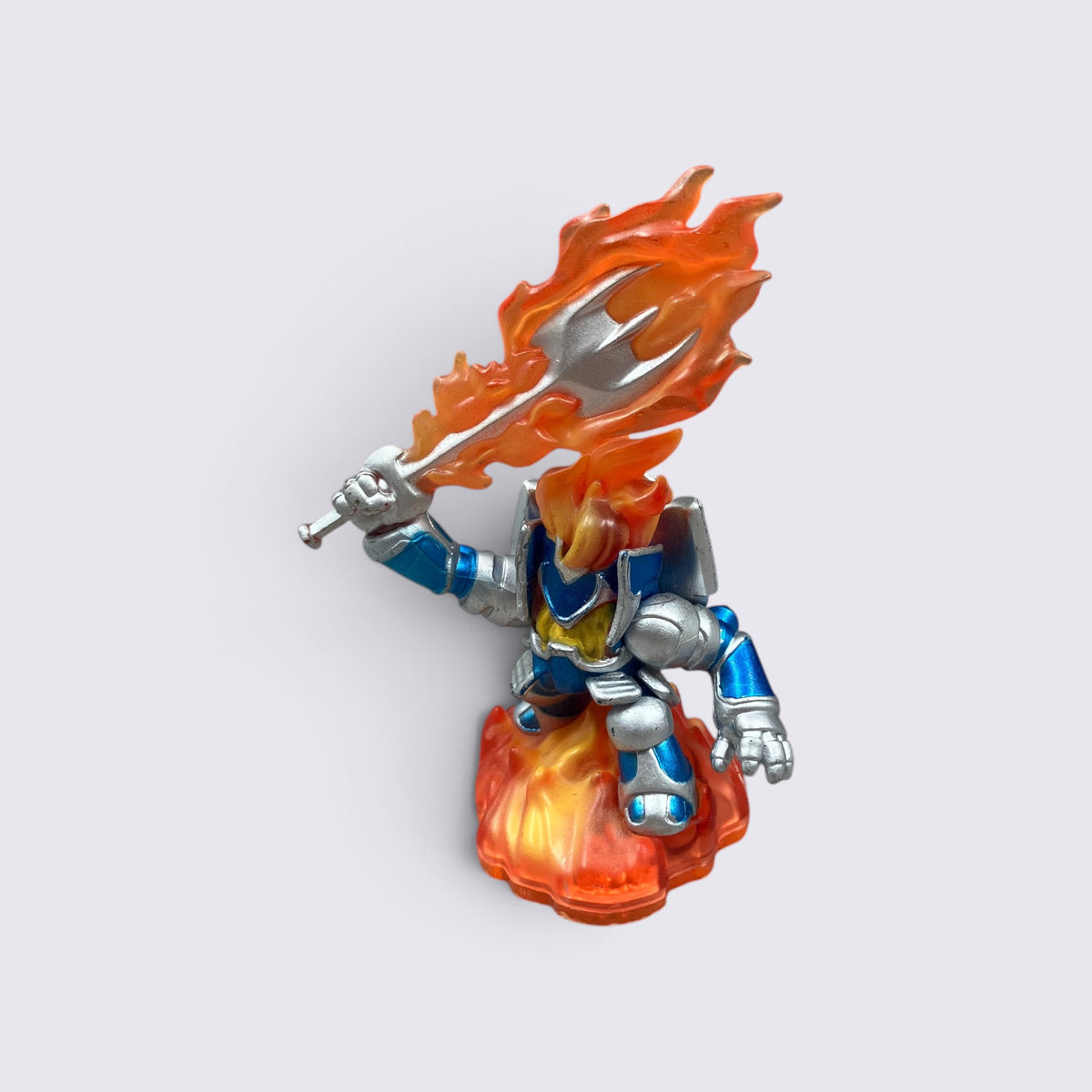 MrPixel Ignitor Series 2 Skylanders figure with blue armour and a translucent flaming sword on a fire base