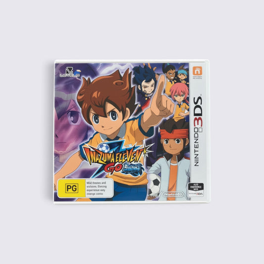 MrPixel Inazuma Eleven GO: Shadow Nintendo 3DS game case featuring anime characters and football-themed artwork.