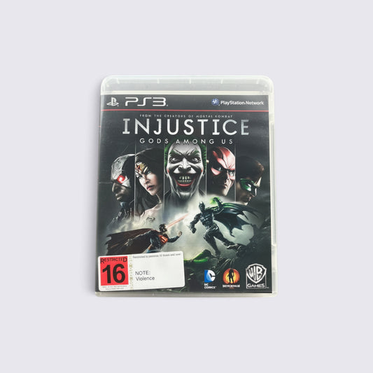 MrPixel Injustice: Gods Among Us PlayStation 3 game case featuring DC Comics characters like Batman and The Joker.