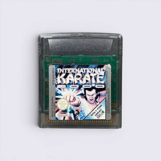 MrPixel International Karate 2000 Game Boy Color cartridge with a translucent grey shell and martial arts label.