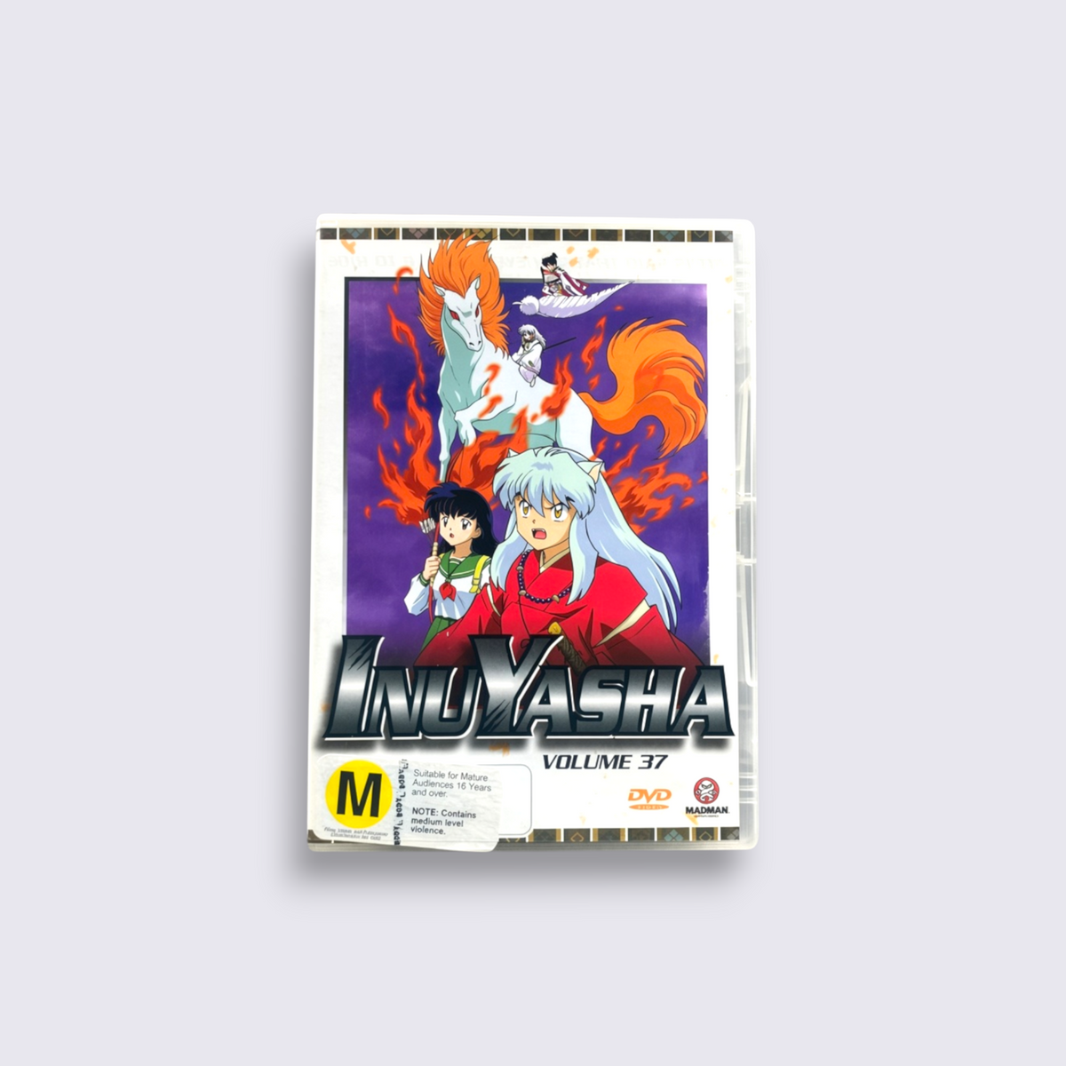 MrPixel Inuyasha Volume 37 DVD featuring anime characters Inuyasha and Kagome with a fiery horse illustration