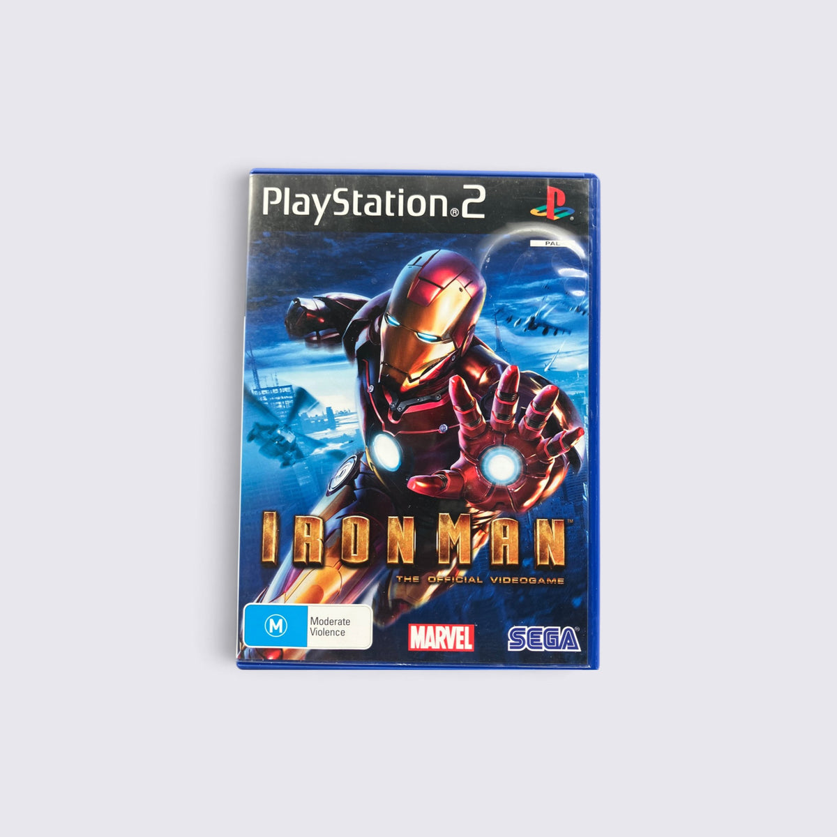 MrPixel Iron Man PlayStation 2 game case featuring the superhero in his iconic red and gold armour in flight.