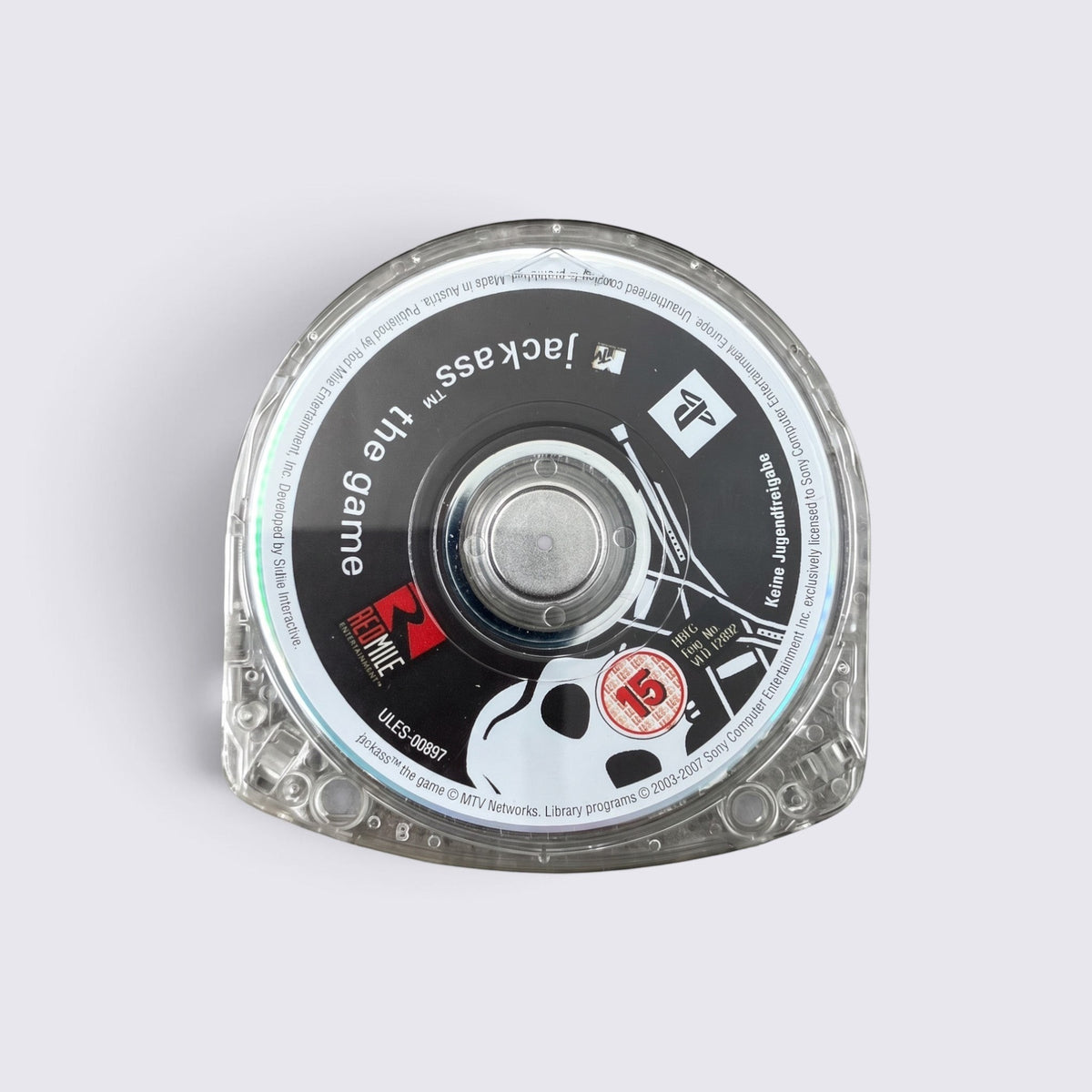 MrPixel Jackass The Game UMD disc for PlayStation Portable featuring a clear plastic casing and age rating label