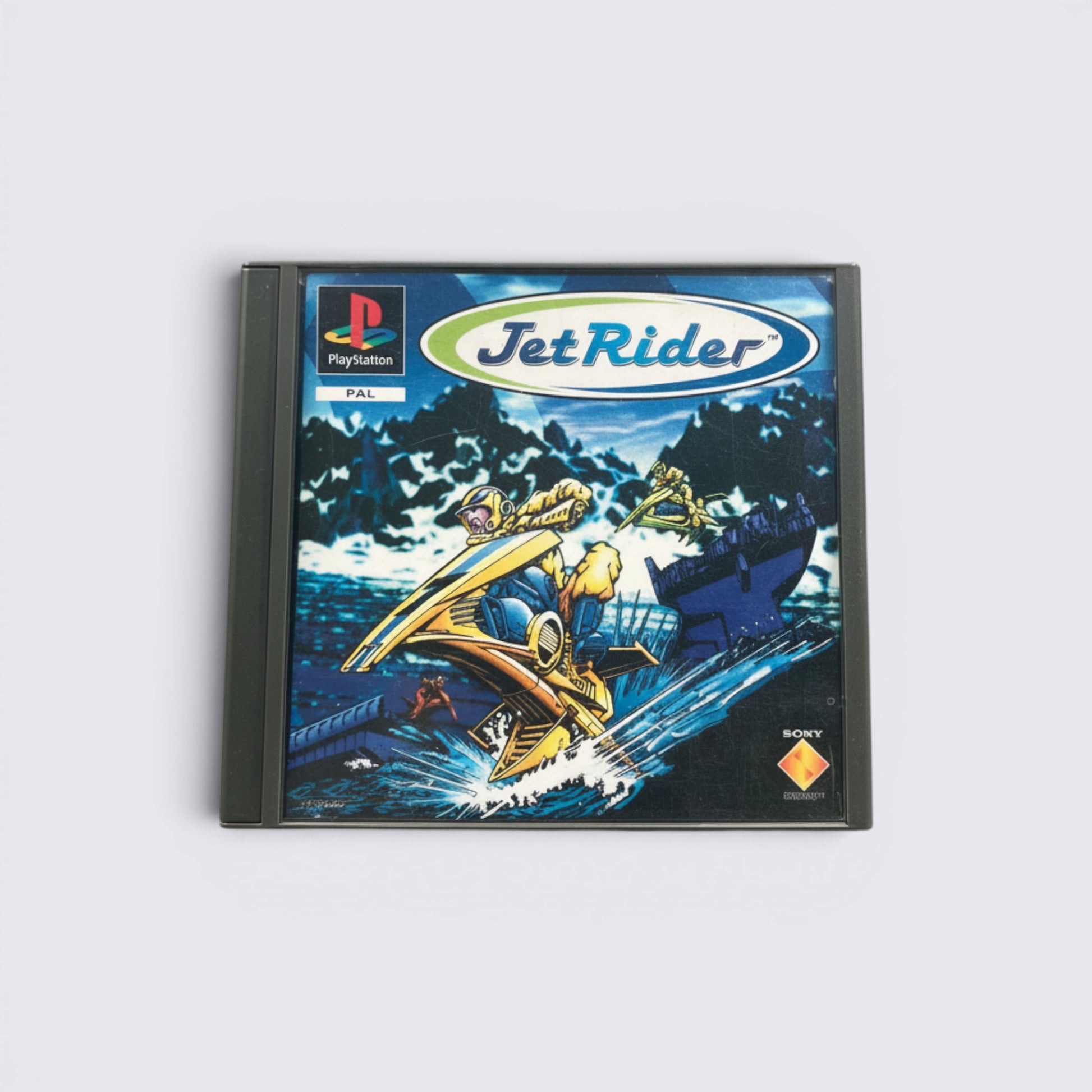 MrPixel Jet Rider game case for original PlayStation featuring futuristic anti-gravity bike racing artwork.