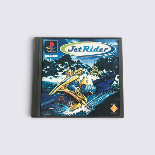 MrPixel Jet Rider game case for original PlayStation featuring futuristic anti-gravity bike racing artwork.