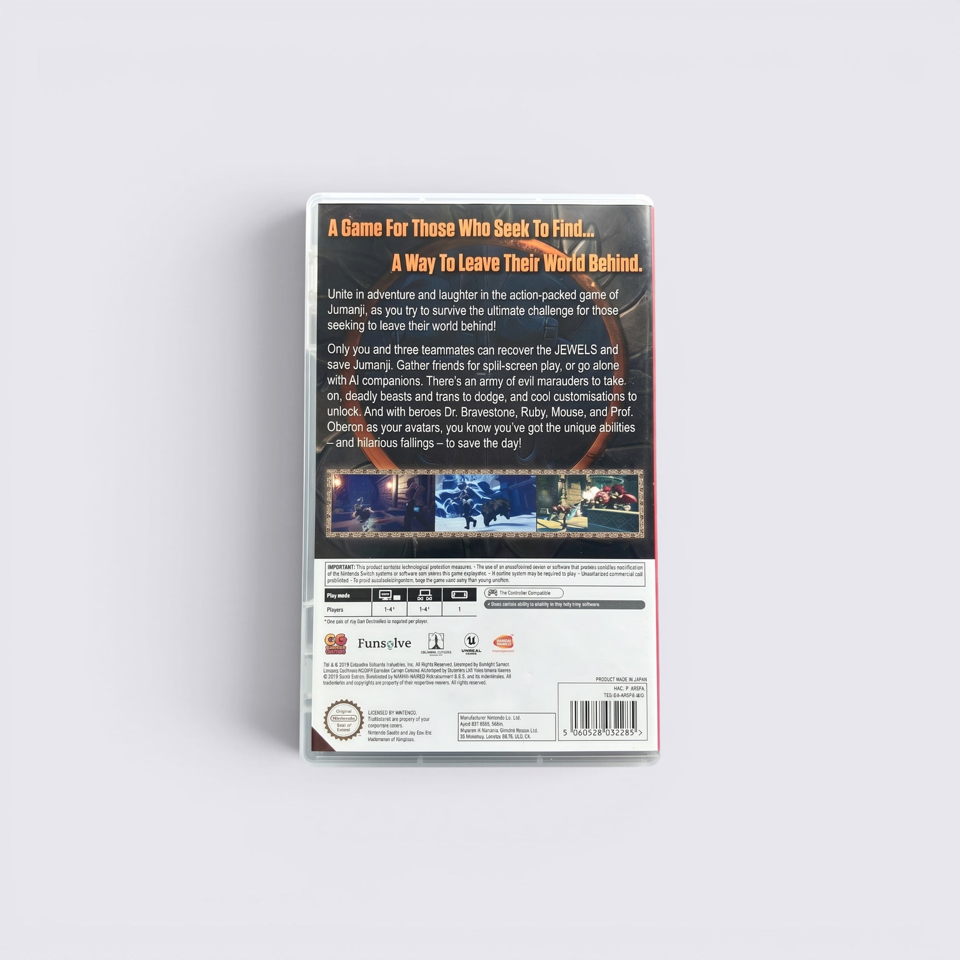 MrPixel Jumanji The Video Game Nintendo Switch back cover showing game description, features, and technical details.