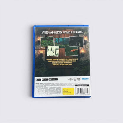 Back cover of MrPixel Jurassic Park: Classic Games Collection for PS5 featuring retro gameplay screenshots.