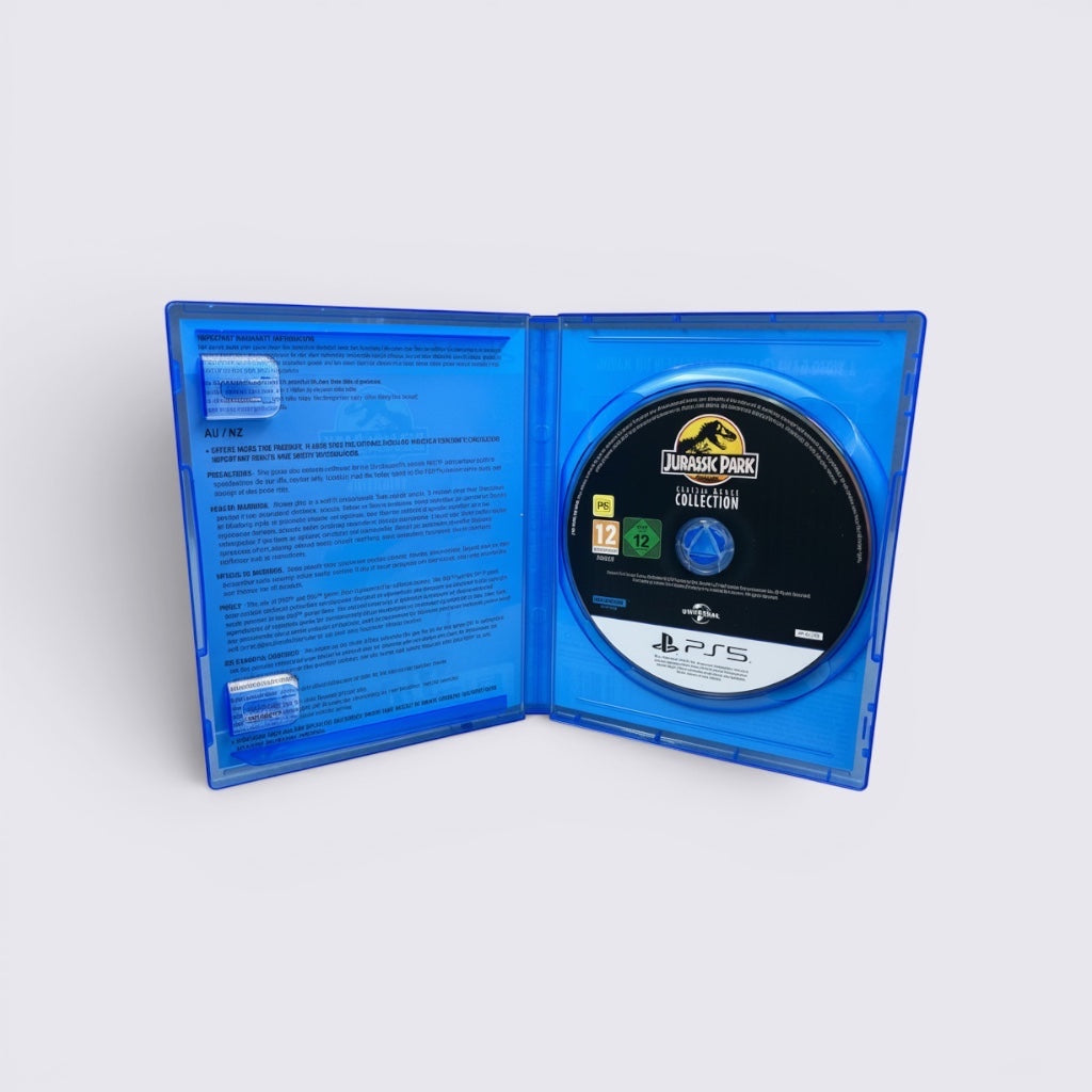 MrPixel Jurassic Park Classic Games Collection PS5 game disc inside an open blue plastic case