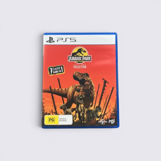 MrPixel Jurassic Park Classic Games Collection for PlayStation 5 featuring T-Rex and raptors on the cover art.