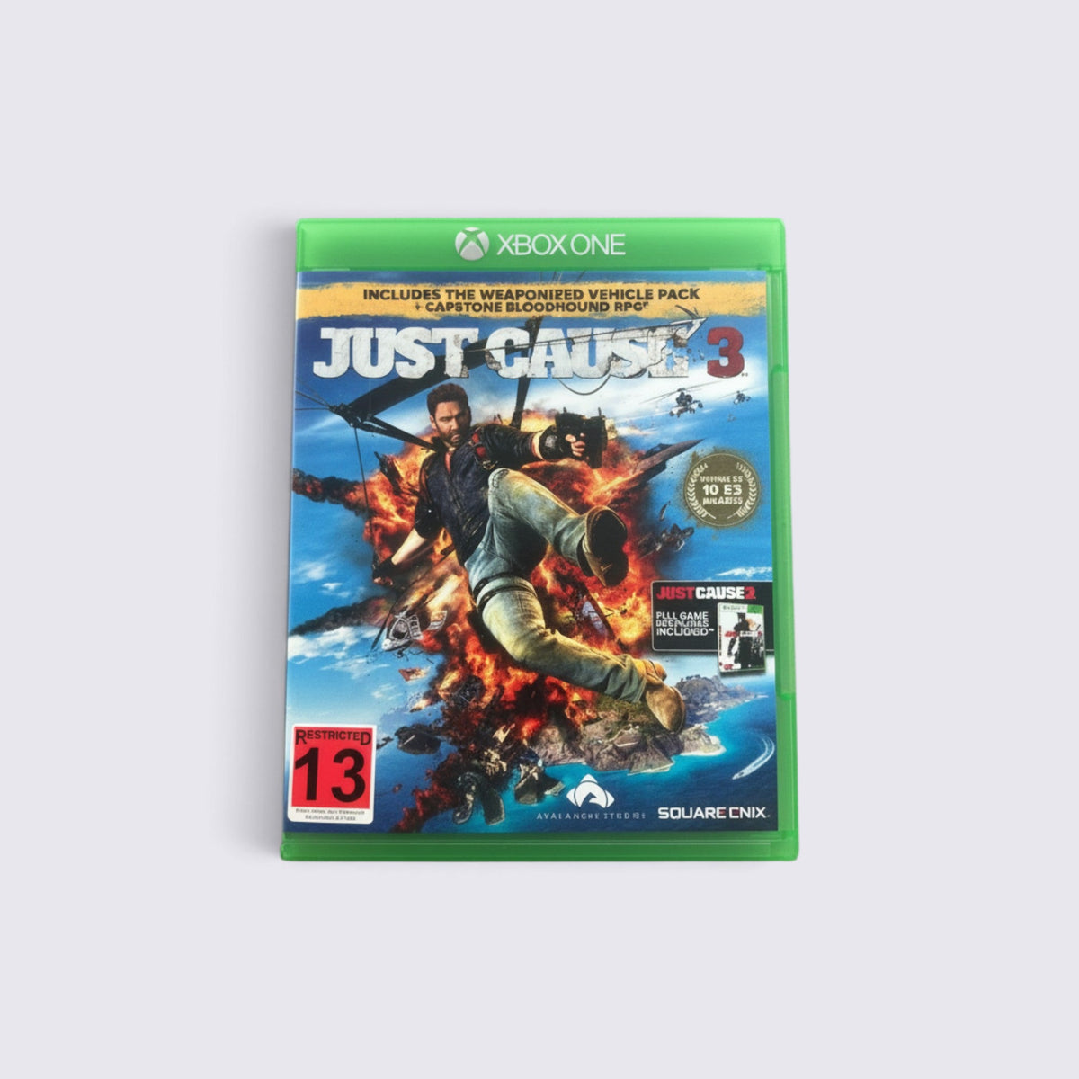 MrPixel Just Cause 3 Xbox One game case featuring Rico Rodriguez in an explosive aerial combat scene.