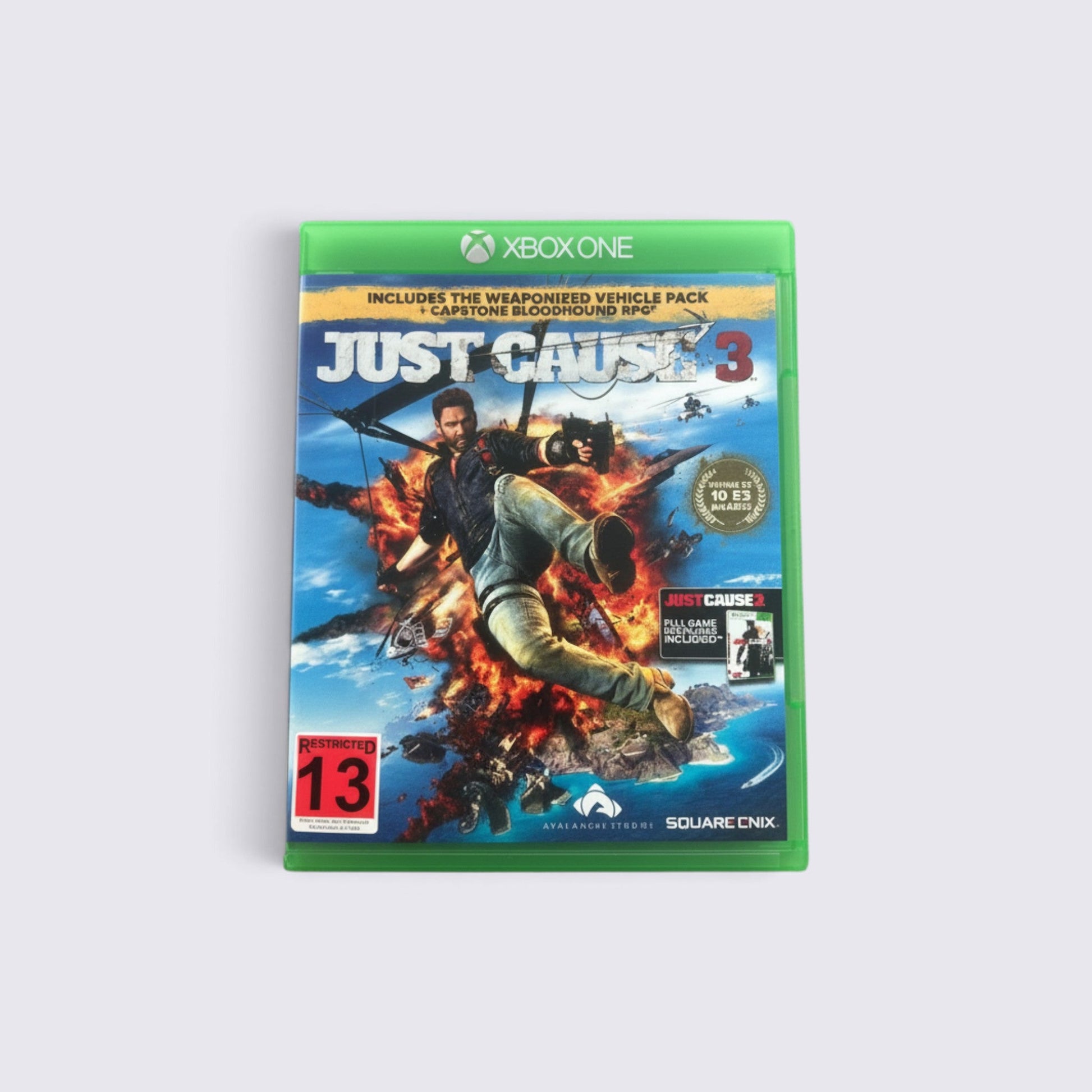 MrPixel Just Cause 3 Xbox One game case featuring Rico Rodriguez in an explosive aerial combat scene.