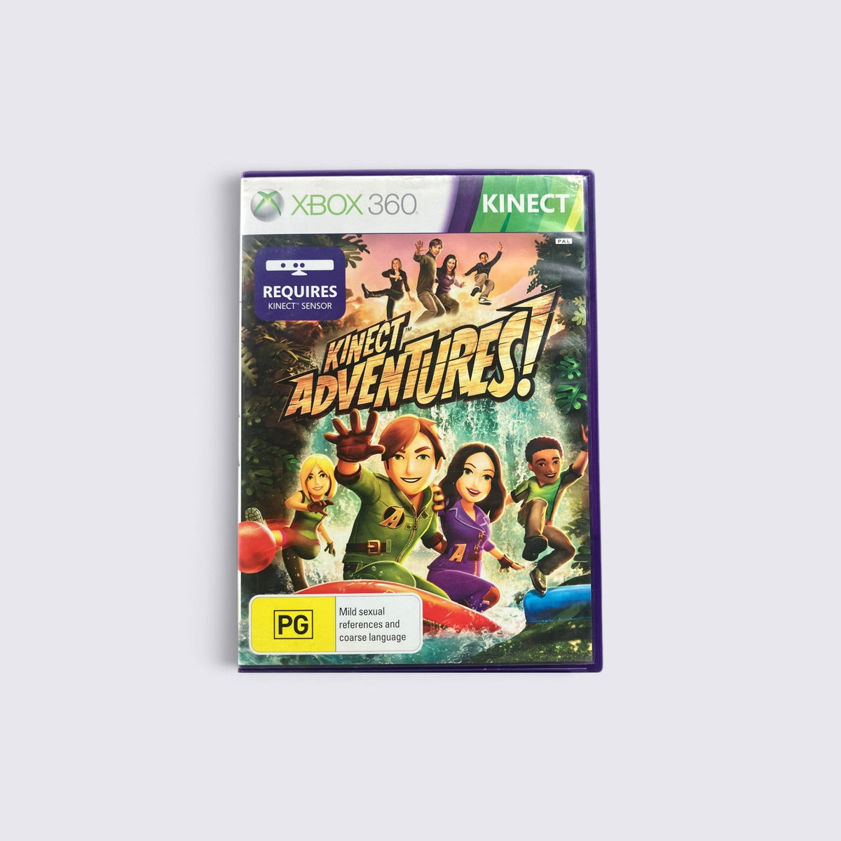 MrPixel Kinect Adventures! Xbox 360 game case featuring animated characters rafting in a jungle setting.