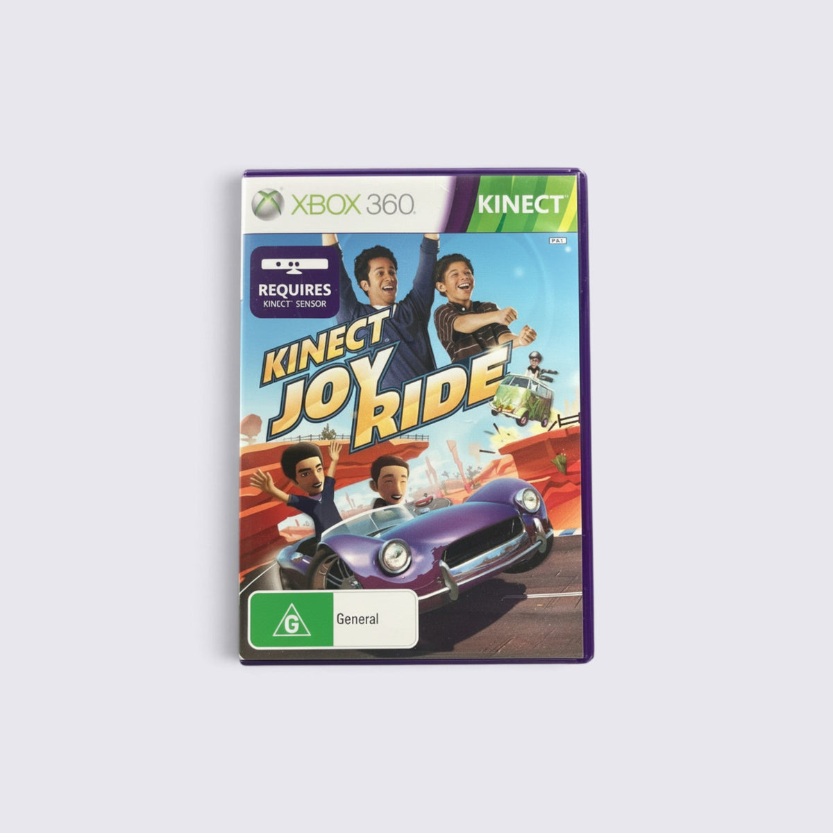 MrPixel Kinect Joy Ride Xbox 360 game case featuring cartoon characters driving a purple sports car