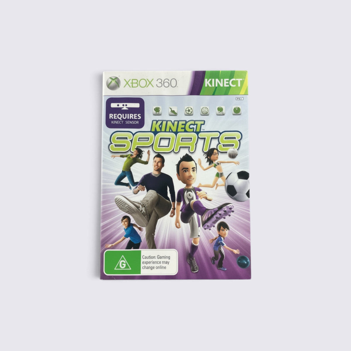 MrPixel Kinect Sports Xbox 360 game case featuring animated avatars playing various sports like football and bowling.