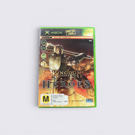 MrPixel Kingdom Under Fire: Heroes Xbox video game case featuring a fantasy warrior in golden armor on the cover.