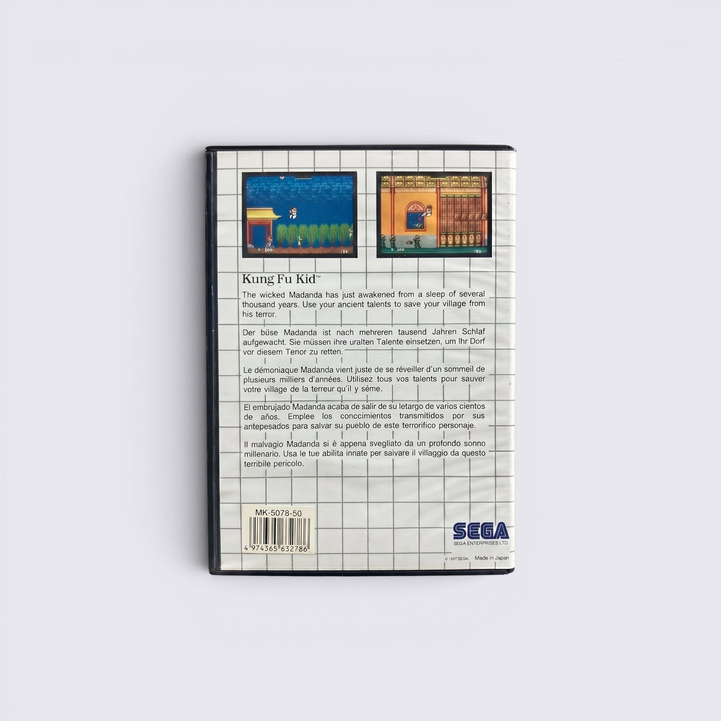 Back cover of MrPixel Kung Fu Kid SEGA game case showing gameplay screenshots and multi-language plot description.