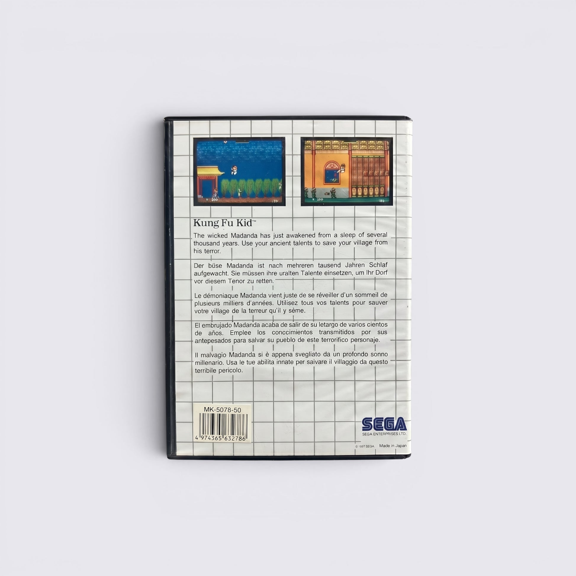 Back cover of MrPixel Kung Fu Kid SEGA game case showing gameplay screenshots and multi-language plot description.
