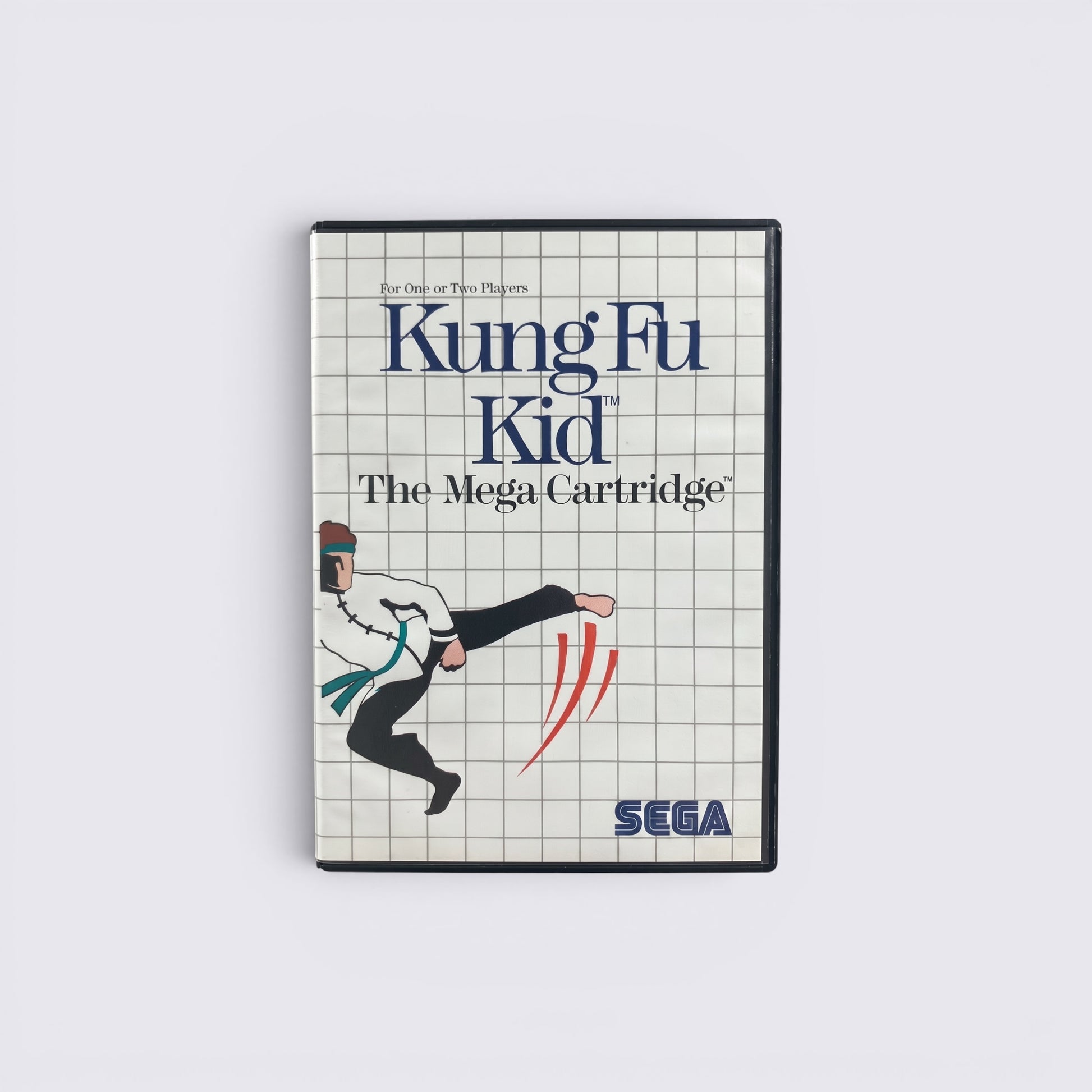MrPixel Kung Fu Kid SEGA video game box art featuring a martial artist on a white grid background.