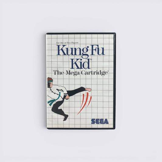 MrPixel Kung Fu Kid SEGA video game box art featuring a martial artist on a white grid background.