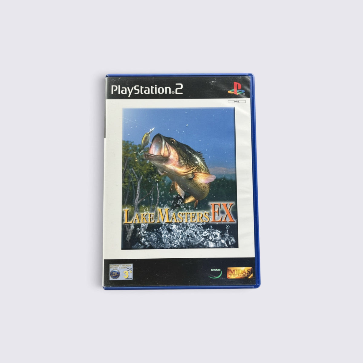 MrPixel Lake Masters EX fishing simulation game for PlayStation 2 featuring a bass jumping out of water on cover art
