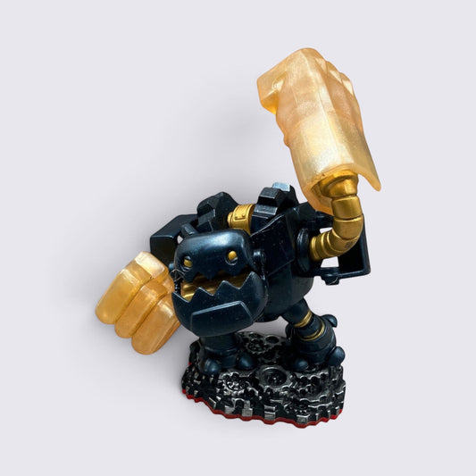 MrPixel Legendary Jawbreaker Skylanders figure in gold and blue with mechanical fists on a gear-detailed base.