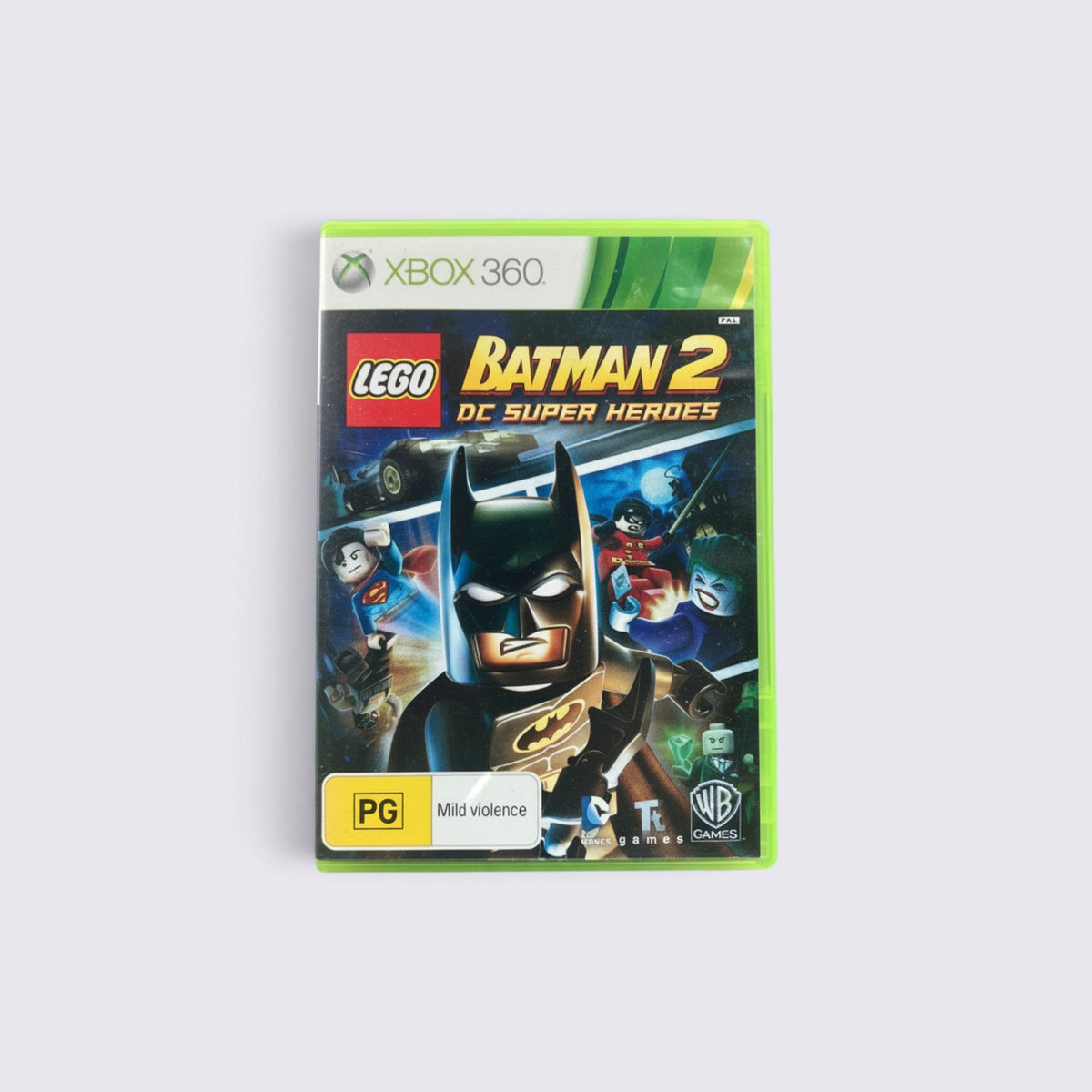 MrPixel LEGO Batman 2: DC Super Heroes video game case for Xbox 360 featuring Batman, Superman, and Robin.