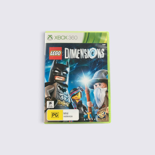 MrPixel LEGO Dimensions Xbox 360 game case featuring Batman, Wyldstyle, and Gandalf on a blue multiverse background.