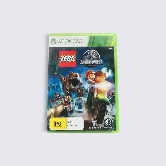 MrPixel LEGO Jurassic World Xbox 360 game case featuring LEGO characters and a T-Rex in a jungle setting