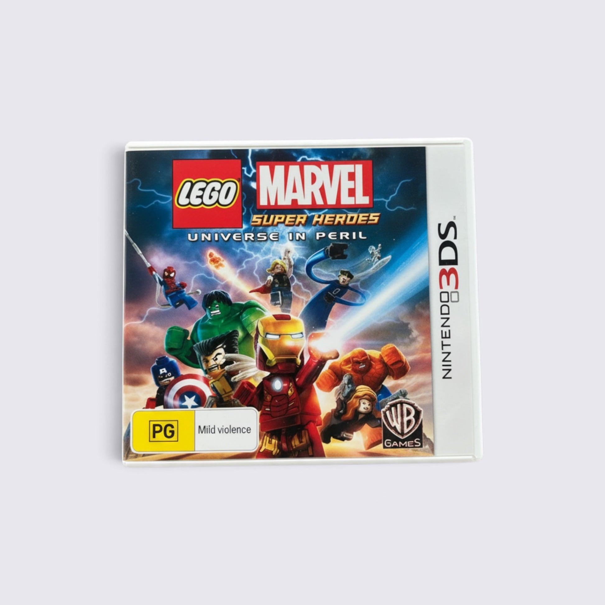 MrPixel LEGO Marvel Super Heroes Universe in Peril game case for Nintendo 3DS featuring iconic Marvel characters