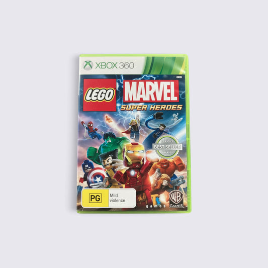 MrPixel LEGO Marvel Super Heroes video game case for Xbox 360 featuring iconic Marvel characters in LEGO form