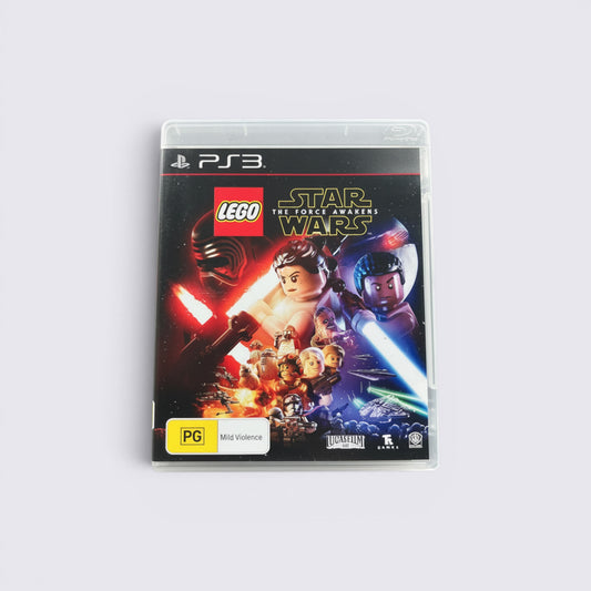 MrPixel LEGO Star Wars The Force Awakens PS3 game case featuring Rey, Finn, and Kylo Ren in a cinematic battle scene.